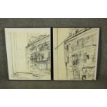 Two framed and glazed charcoal drawings of laundry drying outside tenement buildings. Indistinctly