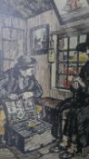 After Jack Butler Yeats (1871-1957), a hand coloured woodblock print, salesman in a pub interior.