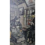 After Jack Butler Yeats (1871-1957), a hand coloured woodblock print, salesman in a pub interior.