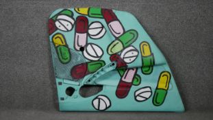 Oil on metal cart door abstract artwork, titled 'More Pills Please', signed. H.62 W.75 D.10cm