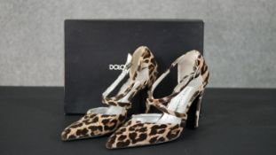 A pair of boxed Dolce & Gabbana, suede animal print cross strap heels, size 3.