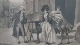 After Edward Percy Moran, a 19th century framed and glazed lithograph, formally dressed figures by a
