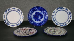 A pair of Booth's blue and white dinner plates, a 19th century blue and white plate along with a