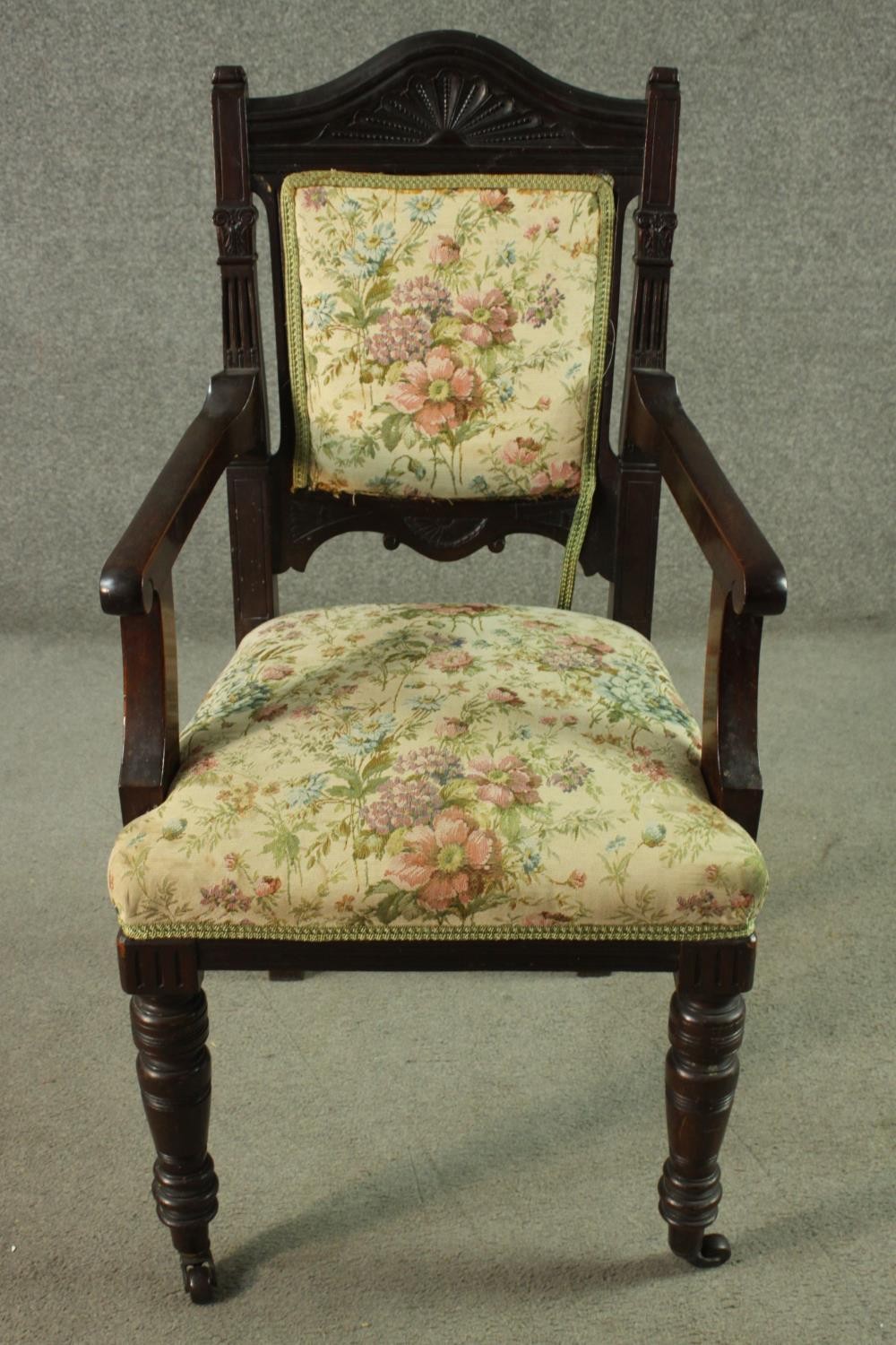 A set of six late 19th century dining chairs including two carvers and four side chairs, with a - Image 8 of 12