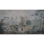 A framed and glazed watercolour, figures on a path by a church, signed Emily Sabine and dated