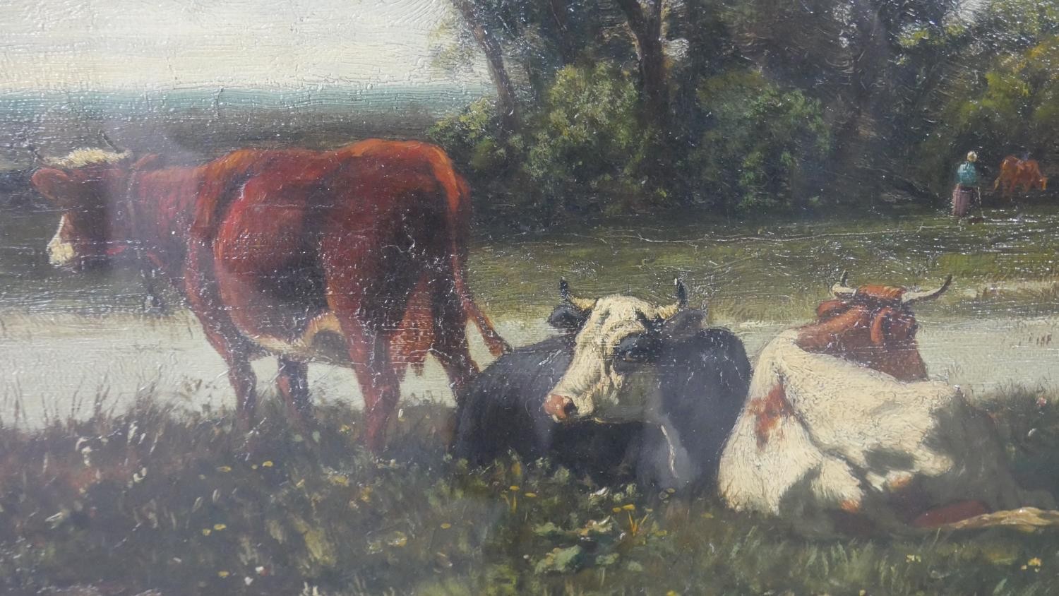 A gilt framed and glazed oil on canvas of cows by the river, signed A Van Damme and named to the - Image 4 of 8