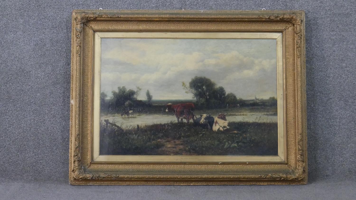 A gilt framed and glazed oil on canvas of cows by the river, signed A Van Damme and named to the - Image 2 of 8