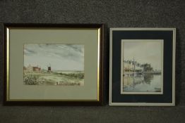 A framed and glazed watercolour, windmill in a landscape along with a similar, harbour scene. H.35
