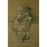 A gilt framed and glazed print on silk of a young couple in best dress. H.48 40cm.