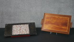Two serving trays, one a double sided marquetry design tray and the other a lacquer and egg shell