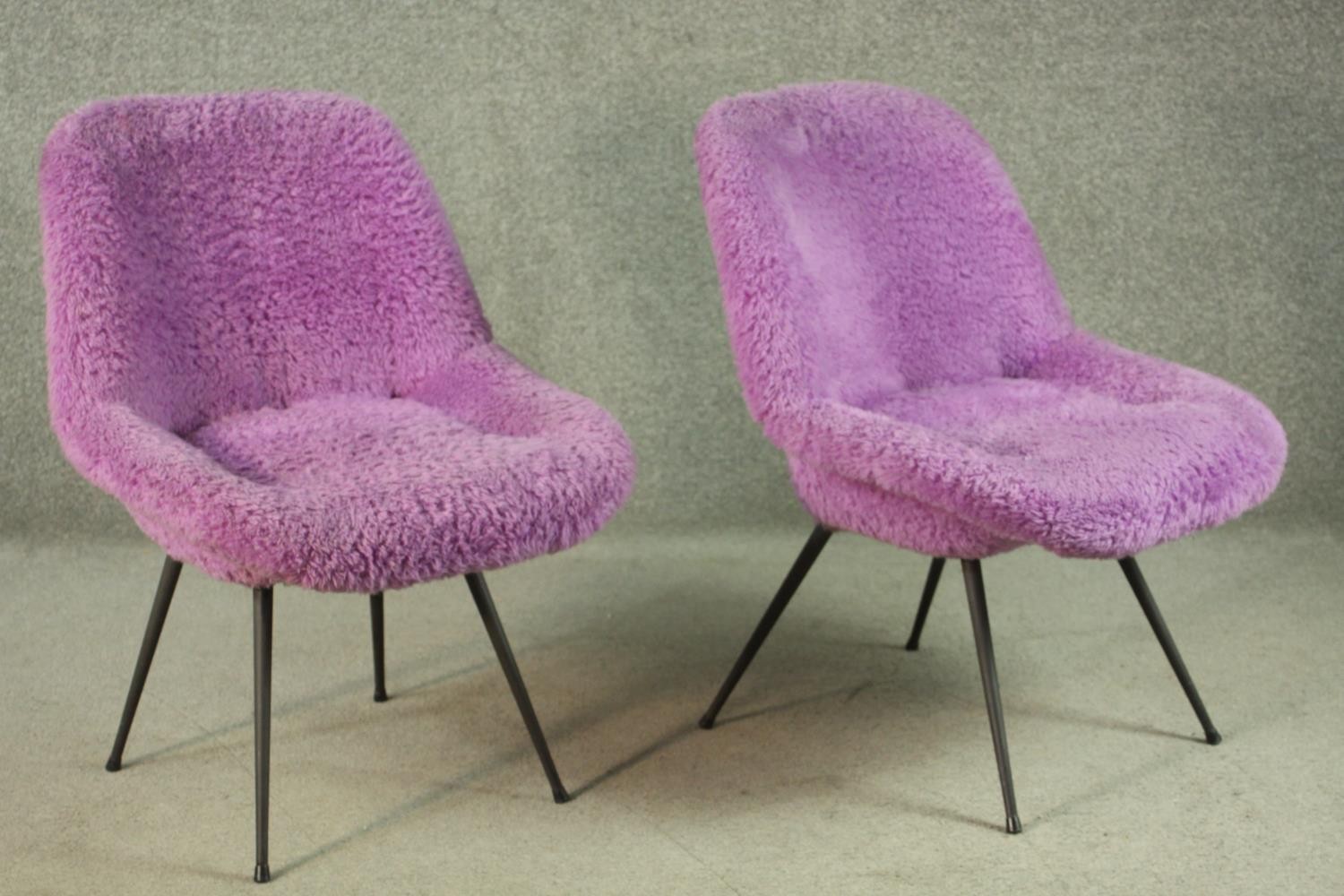 A pair of circa 1950s chairs, upholstered in shaggy purple fabric, on splayed powder coated metal - Image 3 of 7