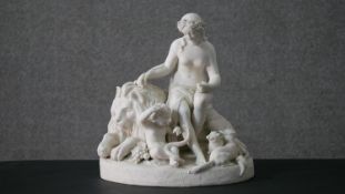 A large 19th century Parianware figure group of a classical female, lion, cherub and sheep. (Heavily