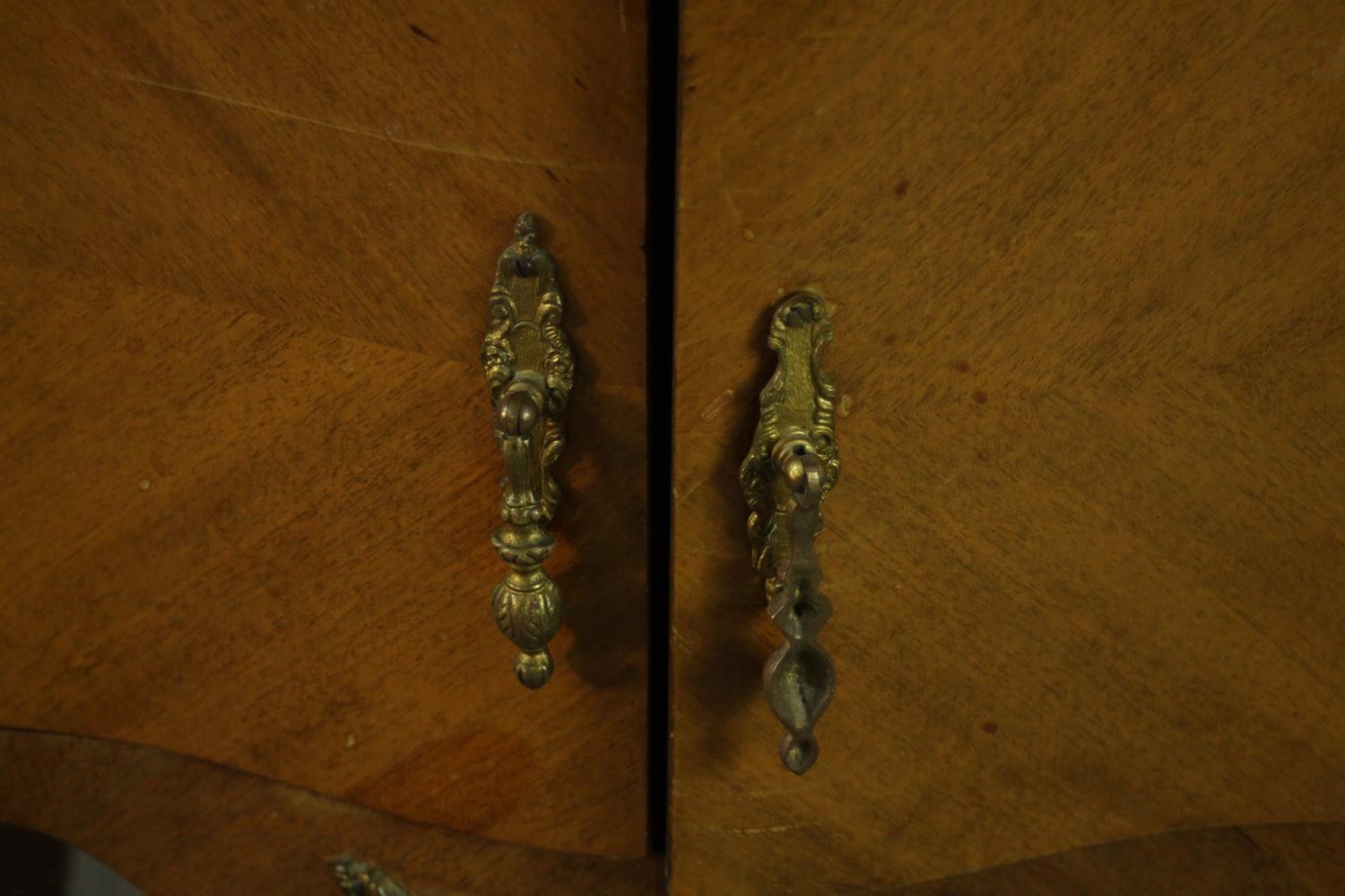 A pair of Louis XV style quarter veneered marble topped bedside tables, with serpentine marble - Image 9 of 16