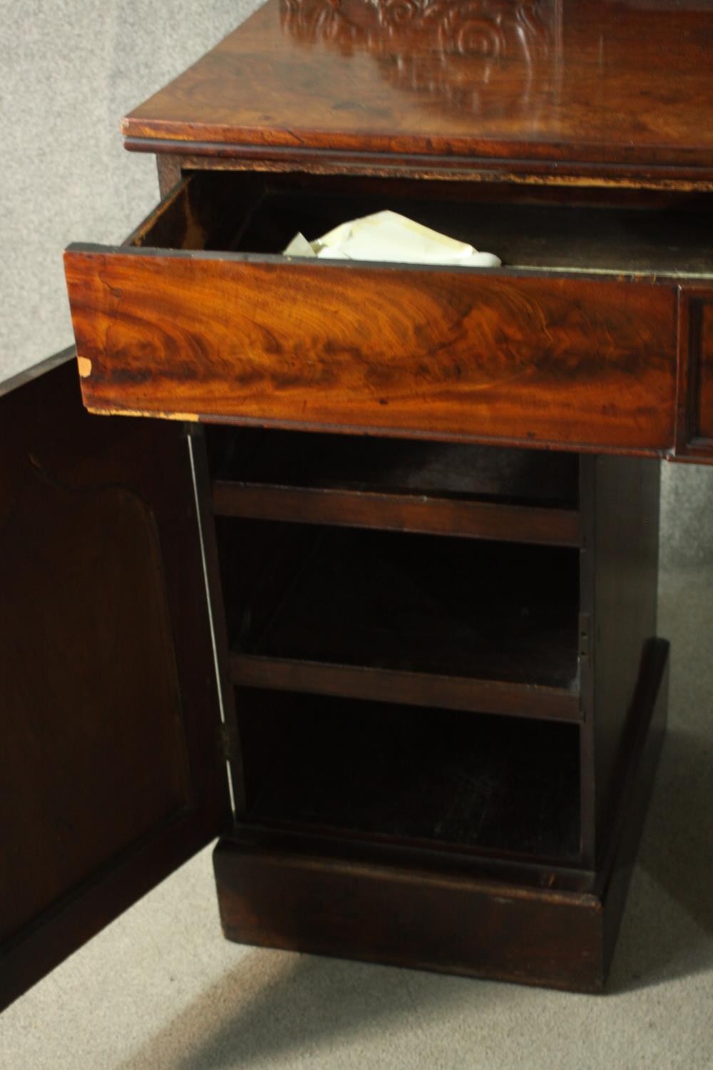 A William IV flame mahogany pedestal sideboard, the rectangular gallery back flanked by ornately - Image 8 of 10