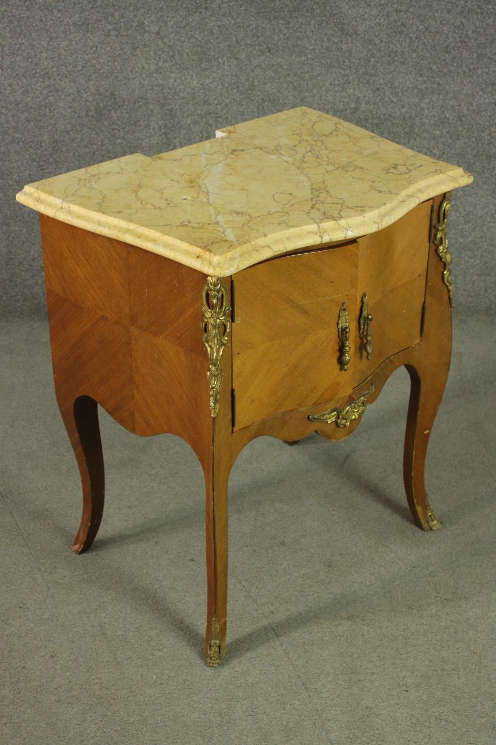 A pair of Louis XV style quarter veneered marble topped bedside tables, with serpentine marble - Image 5 of 16