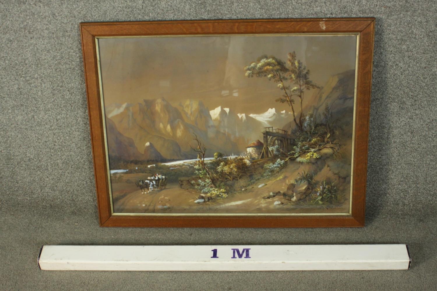 A mid 19th century school, Alpine landscape with a windmill, watercolour, indistictly signed and - Image 3 of 8