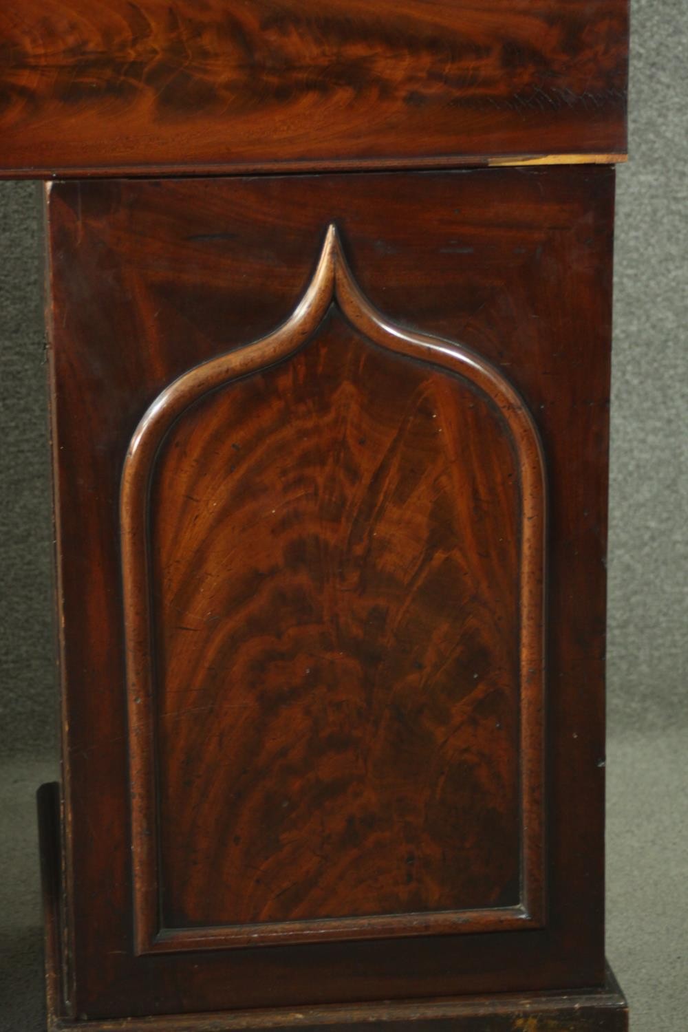 A William IV flame mahogany pedestal sideboard, the rectangular gallery back flanked by ornately - Image 3 of 10
