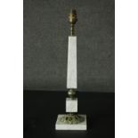 A white marble columnar table lamp, with brass mounts, on a square section base. H.46cm.
