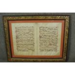 A gilt framed and glazed 16th century original Vellum Latin Gregorian chant double page notation.