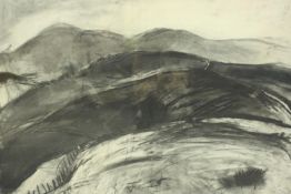 David Carr (British, contemporary), hilly landscape, charcoal, signed lower right. H.73 W.101cm.