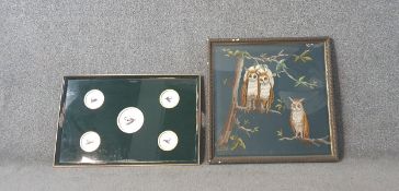 A vintage twin handled tray inset with tied flies and a framed and glazed woolwork tapestry of