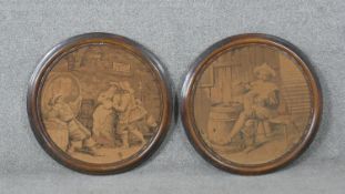 A pair of circular framed tapestries, 17th century style tavern scenes. Diam.54cm