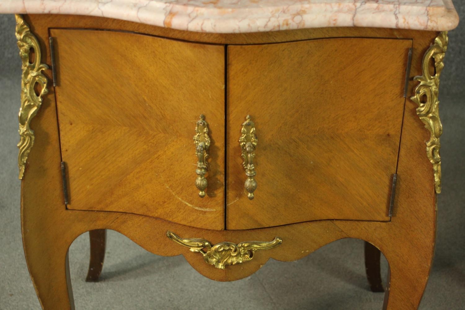 A pair of Louis XV style quarter veneered marble topped bedside tables, with serpentine marble - Image 12 of 16