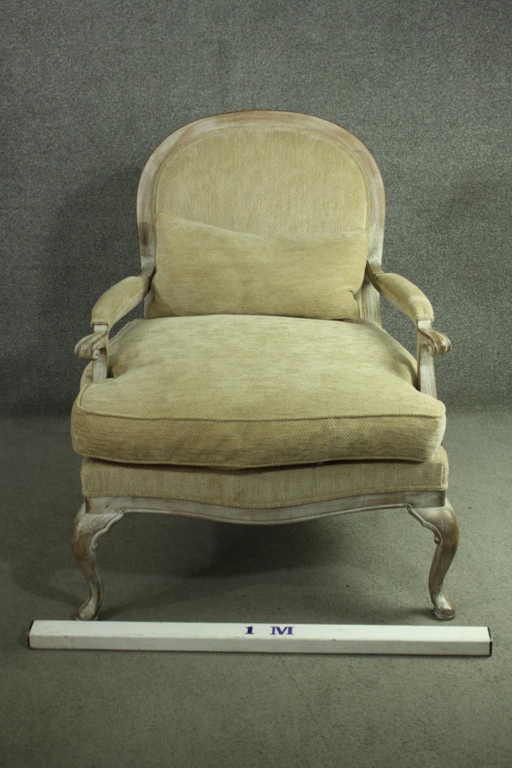 A Louis XV style limed oak fauteuil armchair, with a rounded back, upholstered to the back, arms and - Image 2 of 6