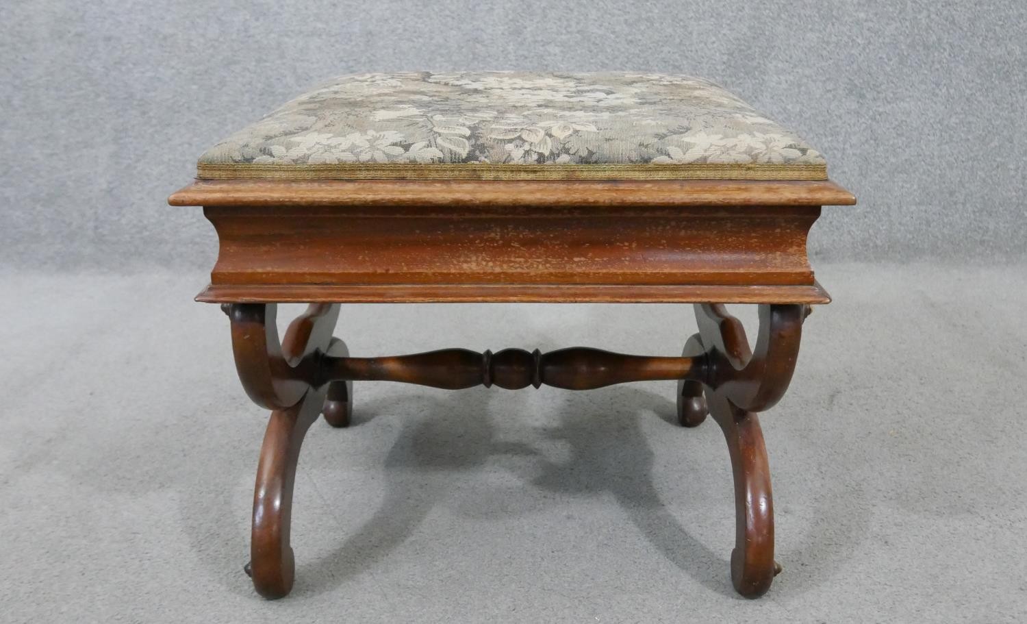 A Victorian walnut piano stool, the rising lid upholstered in machine made tapestry, on curved X - Image 5 of 6