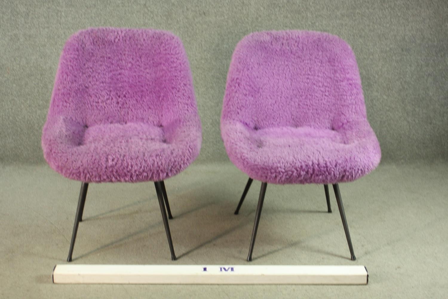 A pair of circa 1950s chairs, upholstered in shaggy purple fabric, on splayed powder coated metal - Image 2 of 7