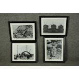 Four framed and glazed black and white early 20th century photographs of Egyptian archaeological