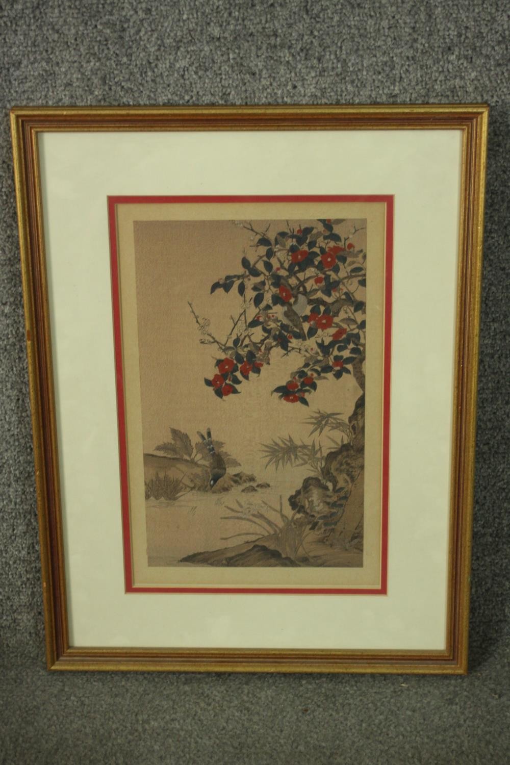 Wang Jeshui, Japanese woodblock print, "Crimson Camellias", label verso. H.49 W.37cm.