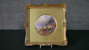 A Royal Worcester porcelain plaque, hand painted with sheep in a Scottish landscape, signed H