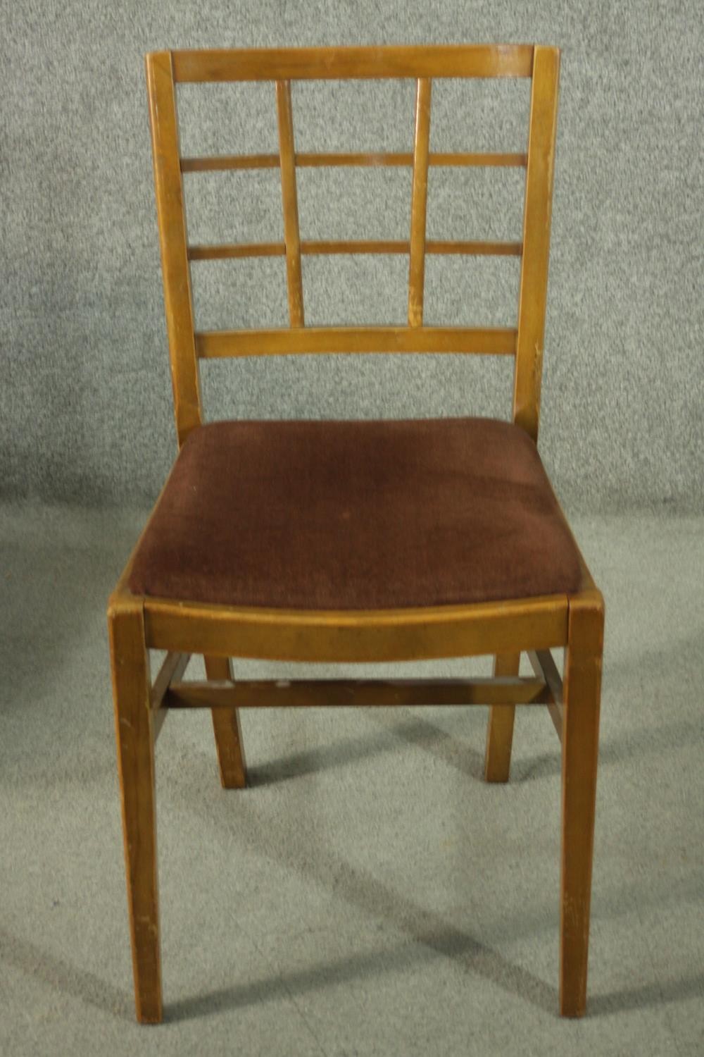A set of vintage Heal's style dining chairs, with lattice backs, over a brown velour drop in seat, - Image 3 of 6