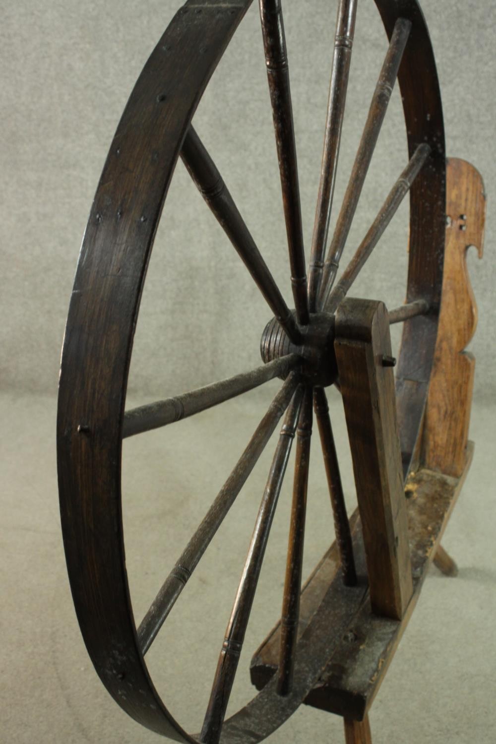 A rustic spinning wheel, possibly Welsh. H.146 W.124 D.43cm. (Wheel: 100cm) - Image 5 of 10