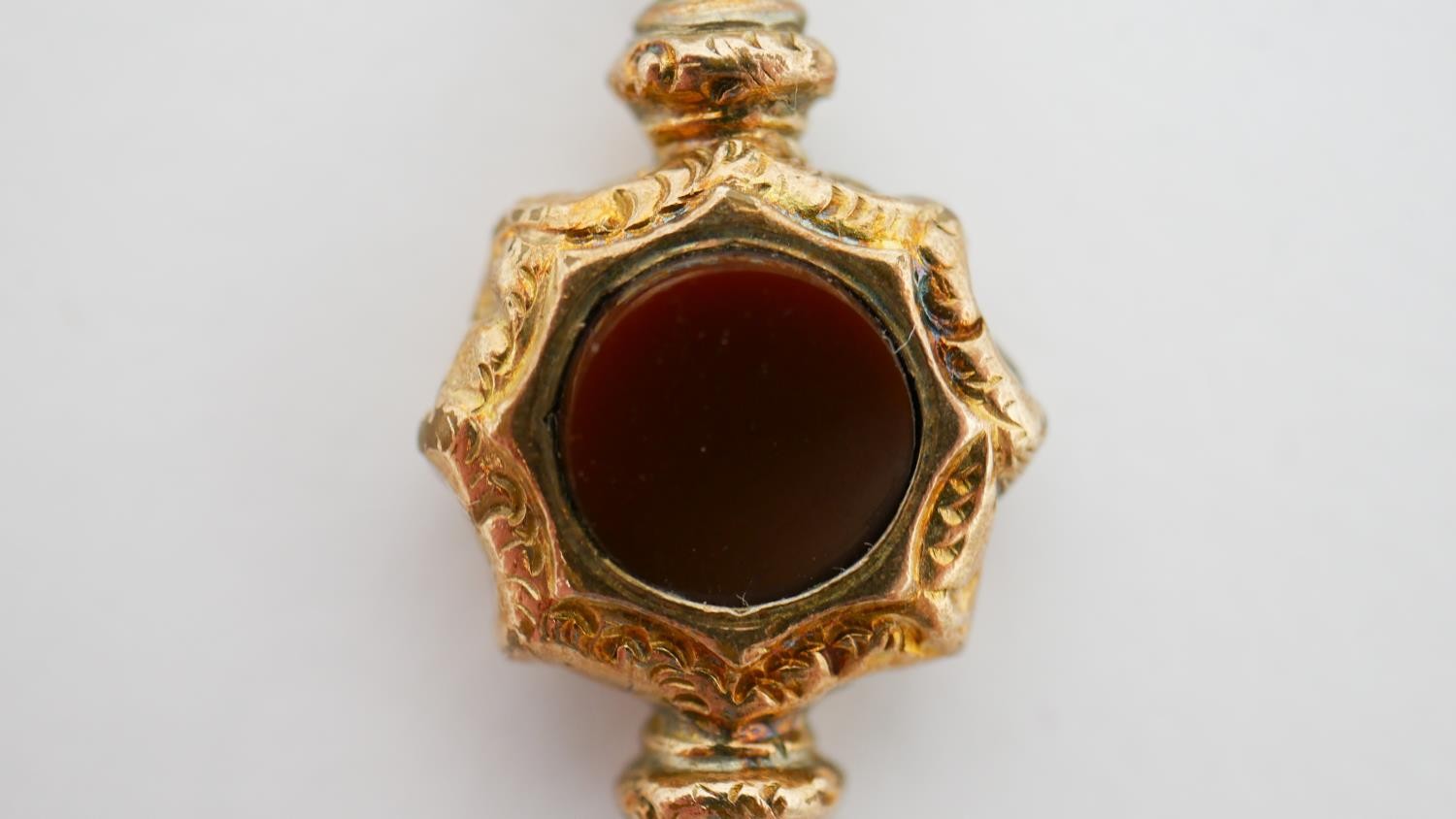 A Victorian 9 carat rose gold sardonyx and agate swivel fob along with an engraved gold plated watch - Image 6 of 13