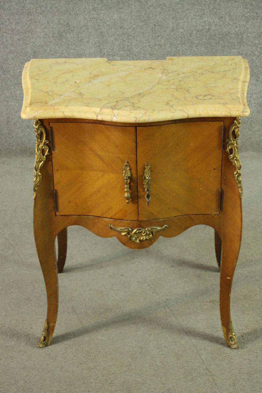 A pair of Louis XV style quarter veneered marble topped bedside tables, with serpentine marble - Image 3 of 16