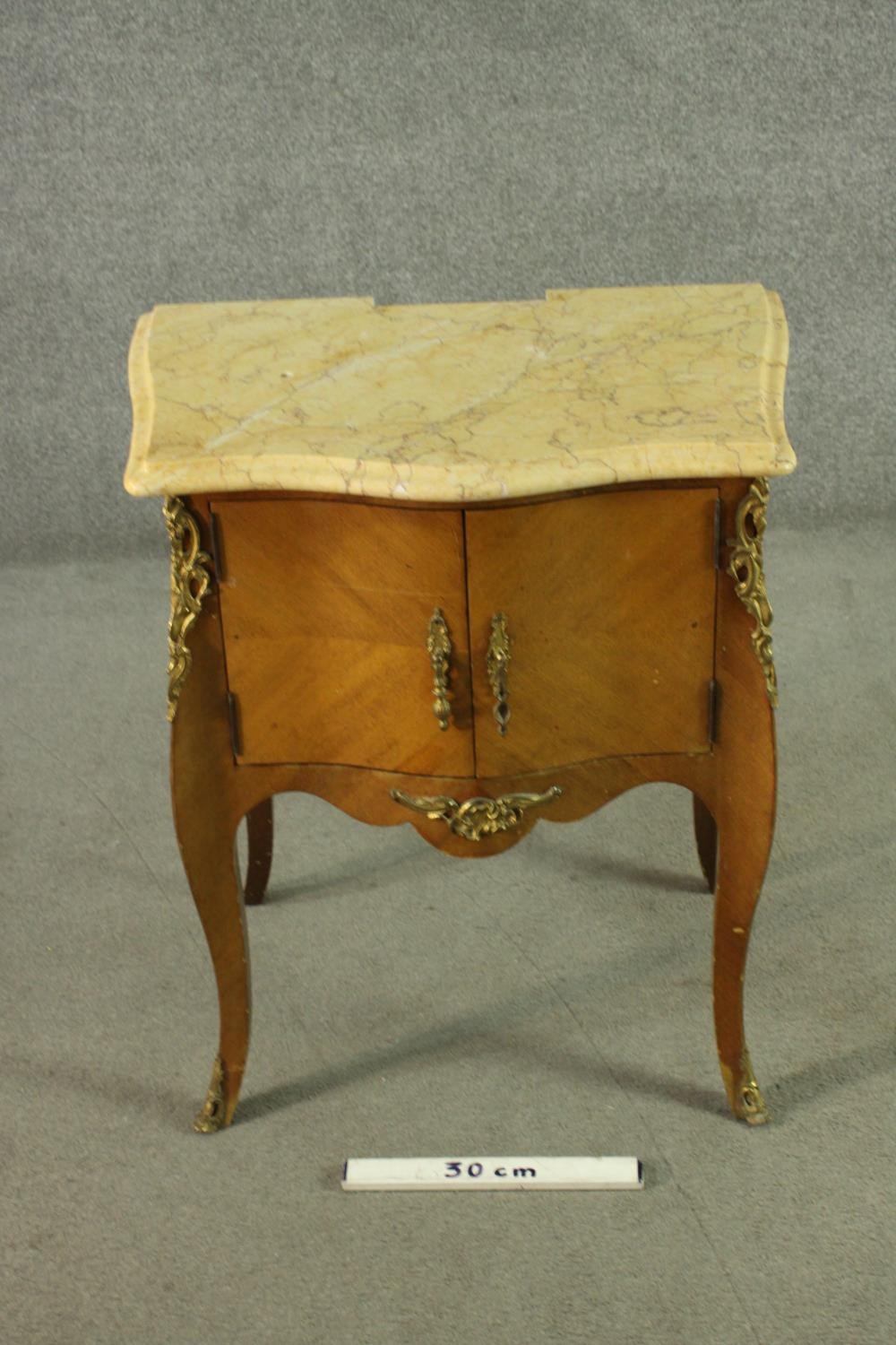 A pair of Louis XV style quarter veneered marble topped bedside tables, with serpentine marble - Image 2 of 16