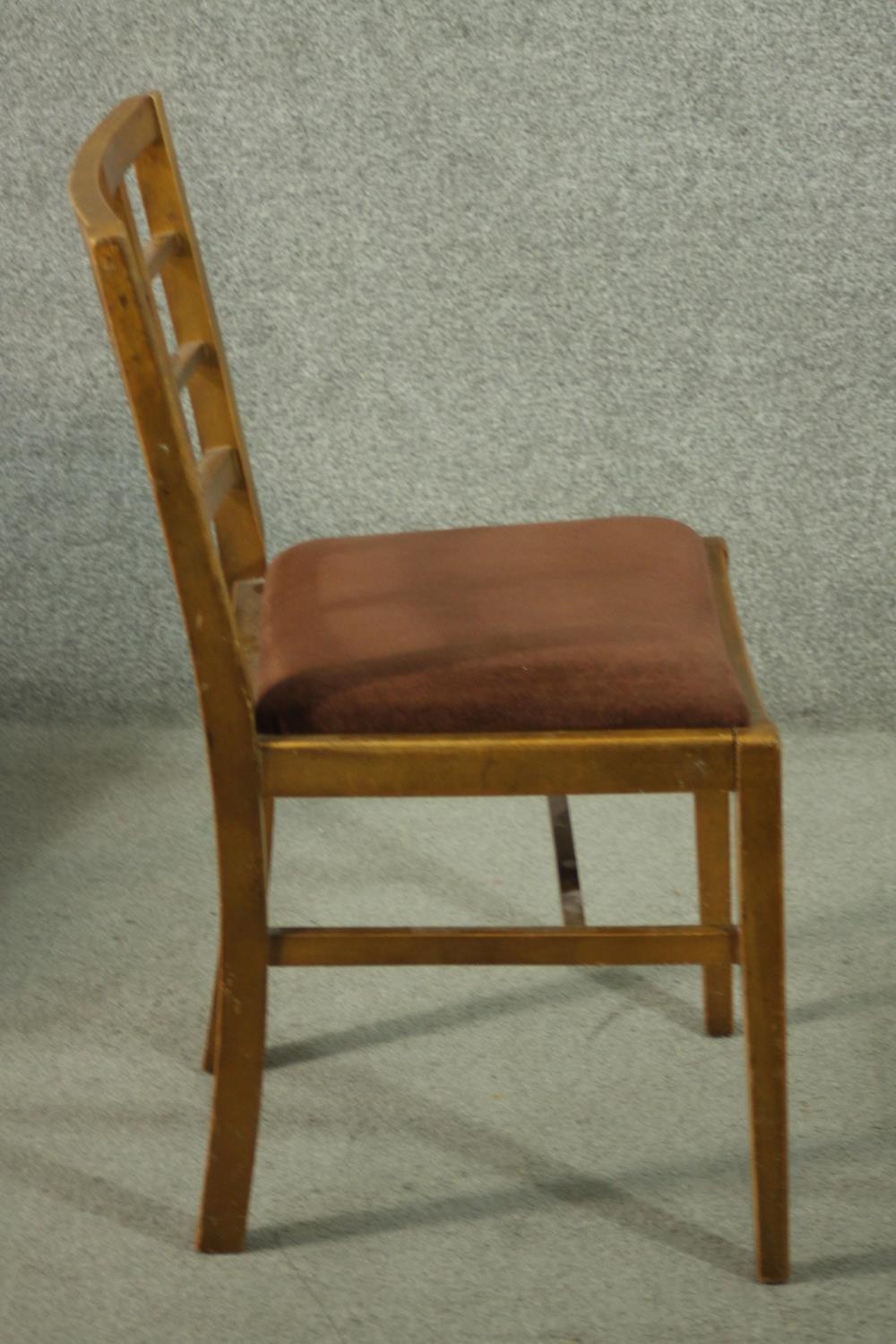 A set of vintage Heal's style dining chairs, with lattice backs, over a brown velour drop in seat, - Image 5 of 6