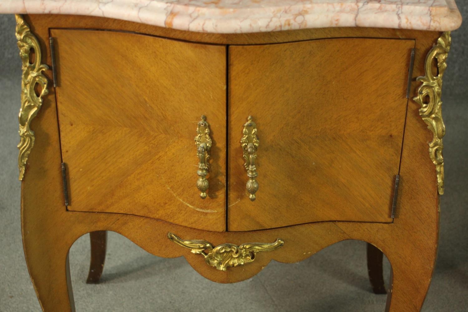 A pair of Louis XV style quarter veneered marble topped bedside tables, with serpentine marble - Image 16 of 16