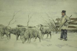 Anton Mauve, Dutch, (1838 - 1888), watercolour on paper of a shepherd with sheep in the snow,