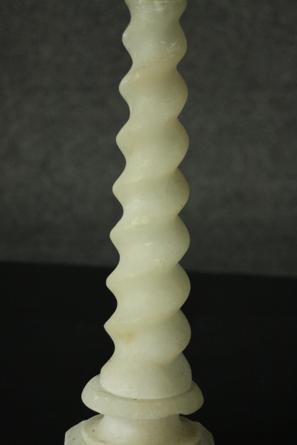 An alabaster table lamp, with a barley twist stem, on a square section base. H.42cm. - Image 2 of 4