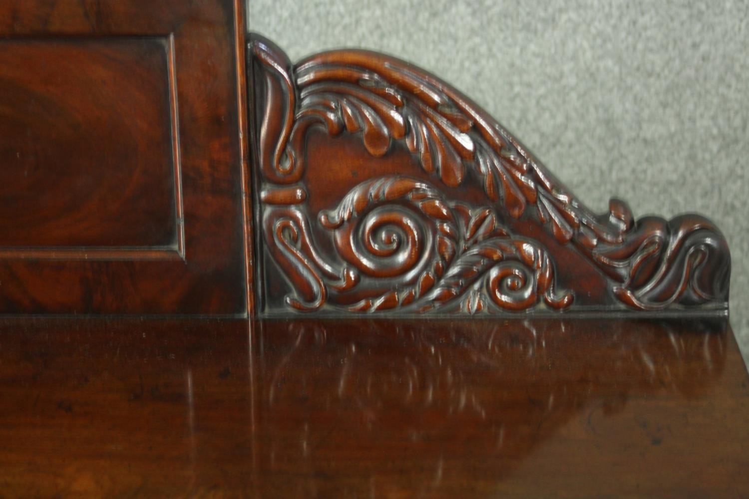 A William IV flame mahogany pedestal sideboard, the rectangular gallery back flanked by ornately - Image 4 of 10