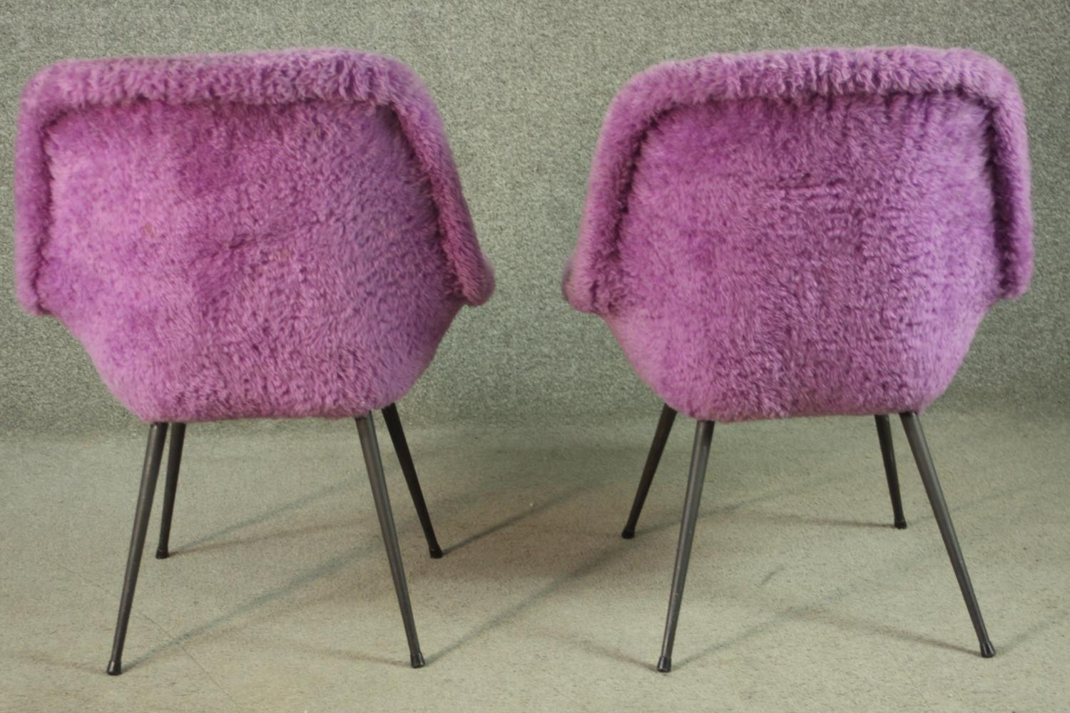 A pair of circa 1950s chairs, upholstered in shaggy purple fabric, on splayed powder coated metal - Image 5 of 7