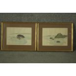 Hara Zaikei, Japanese, two framed and glazed woodblock prints of landscapes, with artist's seal