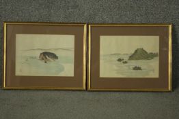 Hara Zaikei, Japanese, two framed and glazed woodblock prints of landscapes, with artist's seal