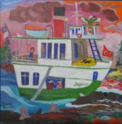 Janice Barnes (Canadian), 'Roughing It' oil on canvas depicting a boat, signed lower left. H.46 W.
