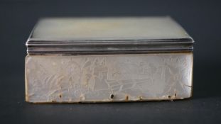 A 19th century Chinese white metal (tests as silver) and engraved mother of pearl gaming box