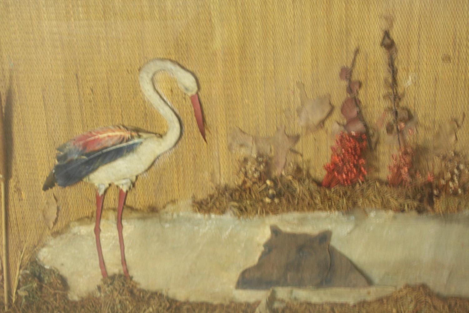 A framed and glazed mixed media collage of African animals at the watering hole. H.49 W.167cm. - Image 4 of 8