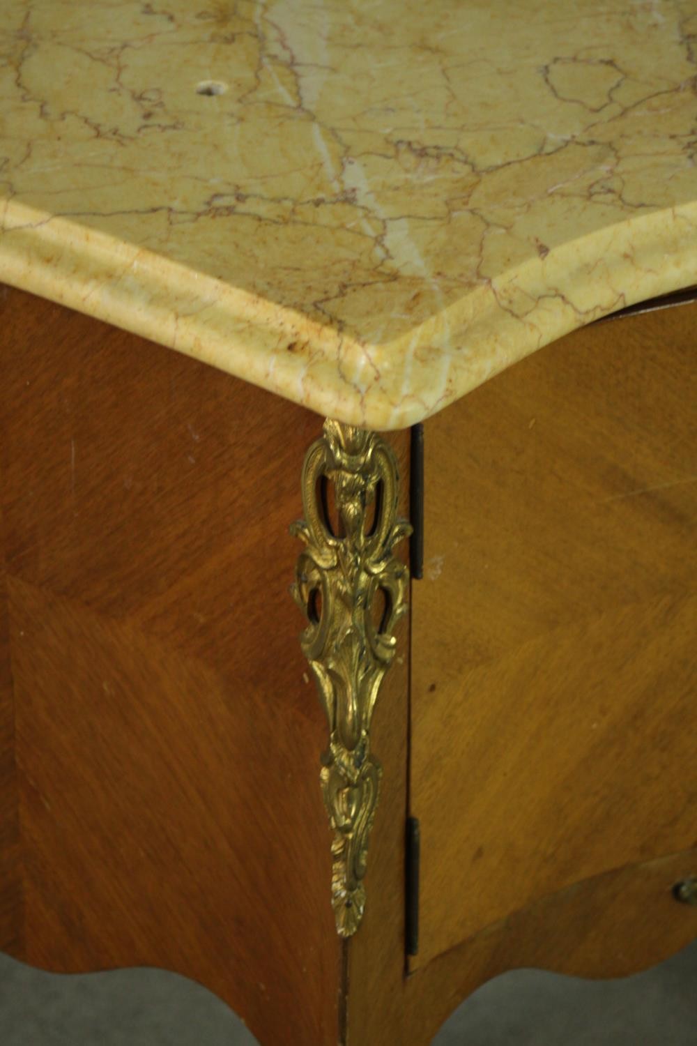 A pair of Louis XV style quarter veneered marble topped bedside tables, with serpentine marble - Image 11 of 16